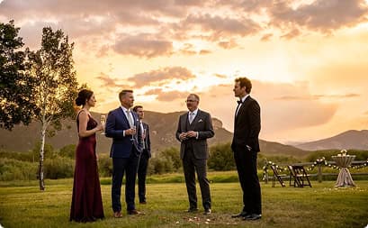 Wedding guests gathering on a mountain meadow lawn during a sunset cocktail hour surrounded by panoramic views at Trinchera Reserve & Lodge.